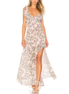 For Love & Lemons Bee Balm Floral Maxi Dress Pink Ruffle Lace Cutout Back XS